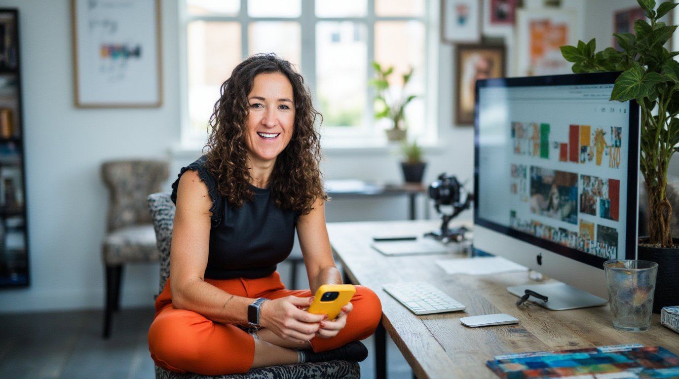 Polly at desk with phone